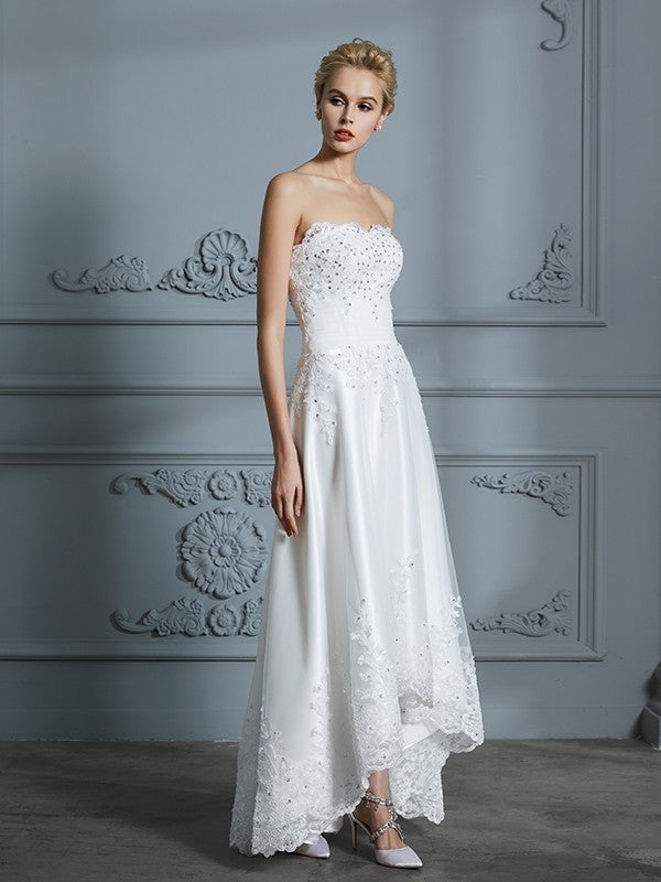 Wholesa A-Line/Princess Sweetheart Sleeveless Beading Asymmetrical Tulle Wedding Dresses