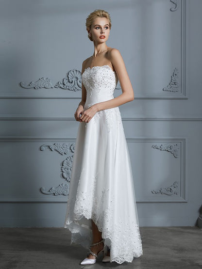 Wholesa A-Line/Princess Sweetheart Sleeveless Beading Asymmetrical Tulle Wedding Dresses