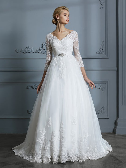 Wholesa Ball Gown V-neck 3/4 Sleeves Court Train Lace Tulle Wedding Dresses