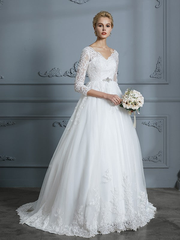 Wholesa Ball Gown V-neck 3/4 Sleeves Court Train Lace Tulle Wedding Dresses