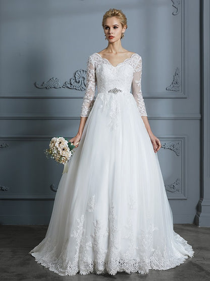 Wholesa Ball Gown V-neck 3/4 Sleeves Court Train Lace Tulle Wedding Dresses