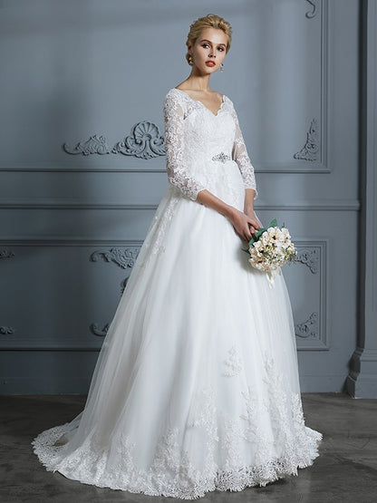 Wholesa Ball Gown V-neck 3/4 Sleeves Court Train Lace Tulle Wedding Dresses