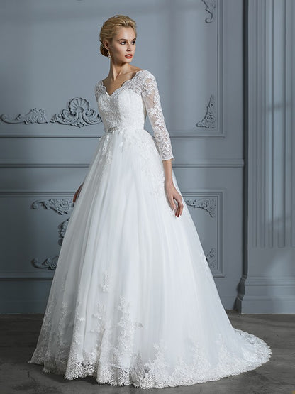 Wholesa Ball Gown V-neck 3/4 Sleeves Court Train Lace Tulle Wedding Dresses