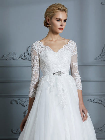 Wholesa Ball Gown V-neck 3/4 Sleeves Court Train Lace Tulle Wedding Dresses