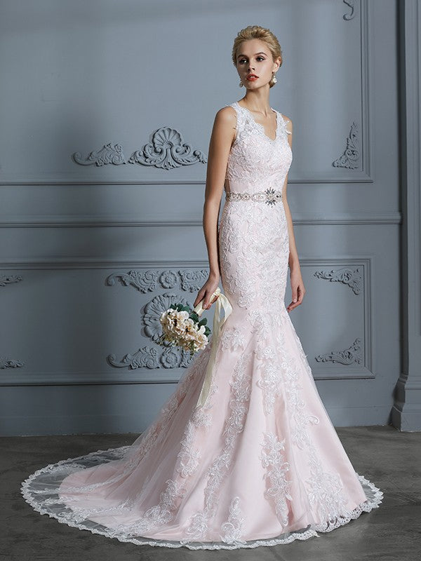 Wholesa Trumpet/Mermaid V-neck Sleeveless Applique Tulle Court Train Wedding Dresses