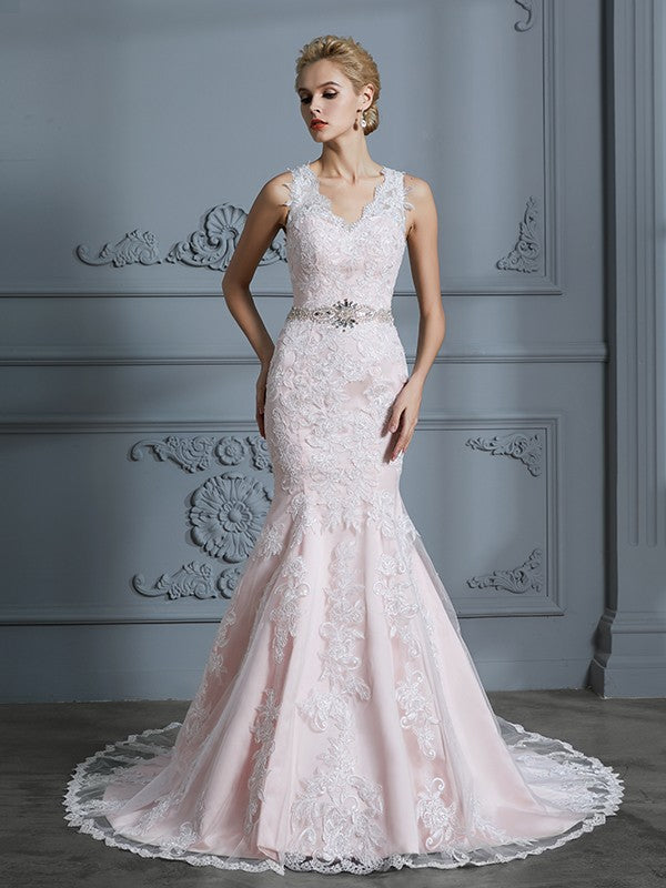 Wholesa Trumpet/Mermaid V-neck Sleeveless Applique Tulle Court Train Wedding Dresses