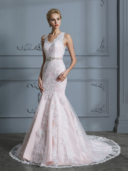 Wholesa Trumpet/Mermaid V-neck Sleeveless Applique Tulle Court Train Wedding Dresses