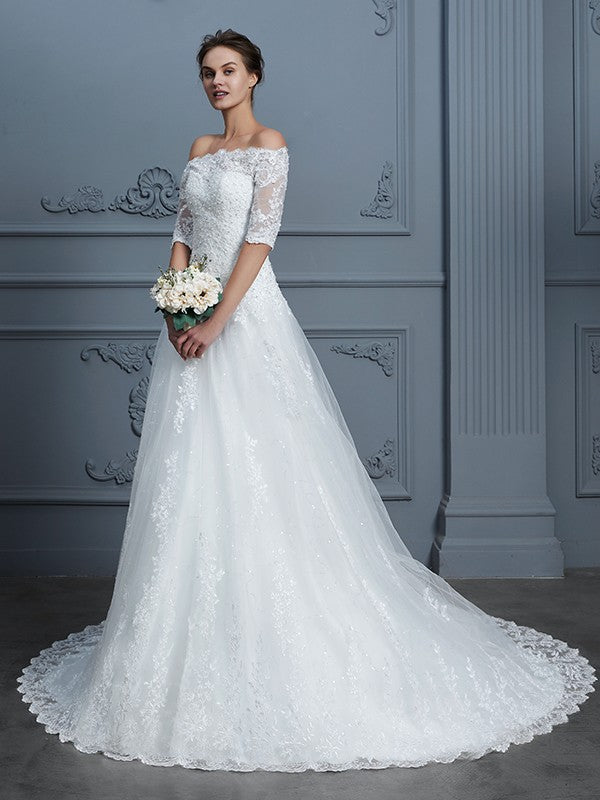 Wholesa Ball Gown Off-the-Shoulder 1/2 Sleeves Beading Court Train Lace Wedding Dresses