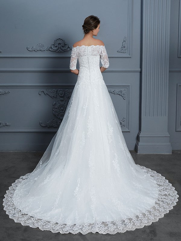 Wholesa Ball Gown Off-the-Shoulder 1/2 Sleeves Beading Court Train Lace Wedding Dresses