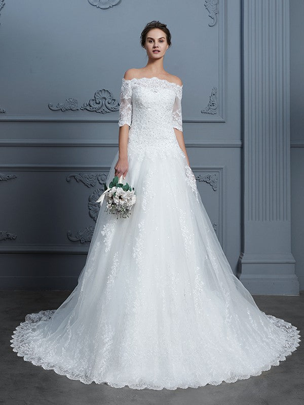 Wholesa Ball Gown Off-the-Shoulder 1/2 Sleeves Beading Court Train Lace Wedding Dresses