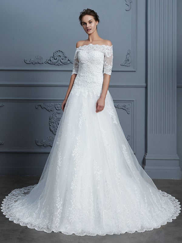 Wholesa Ball Gown Off-the-Shoulder 1/2 Sleeves Beading Court Train Lace Wedding Dresses