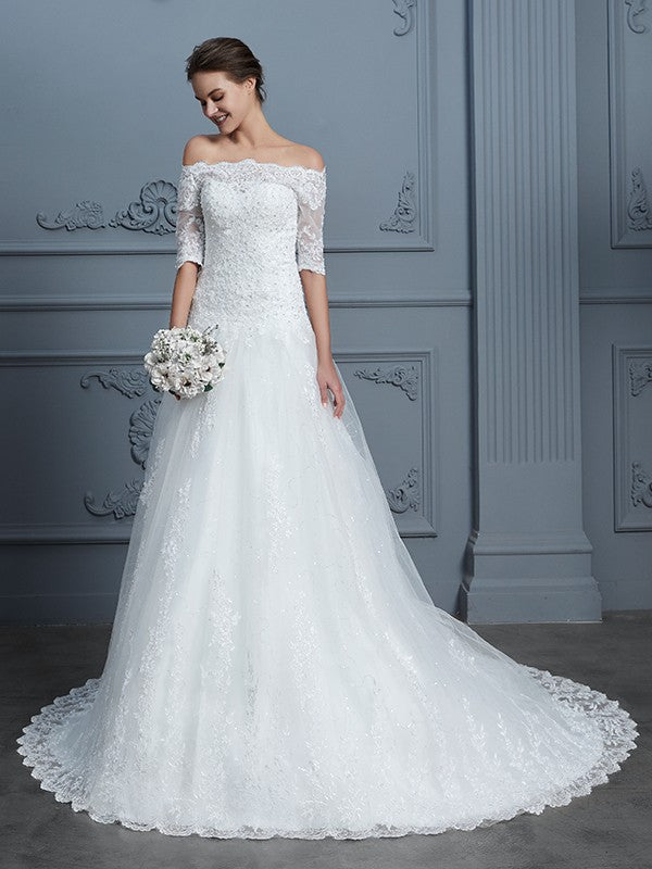 Wholesa Ball Gown Off-the-Shoulder 1/2 Sleeves Beading Court Train Lace Wedding Dresses