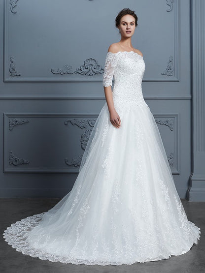 Wholesa Ball Gown Off-the-Shoulder 1/2 Sleeves Beading Court Train Lace Wedding Dresses