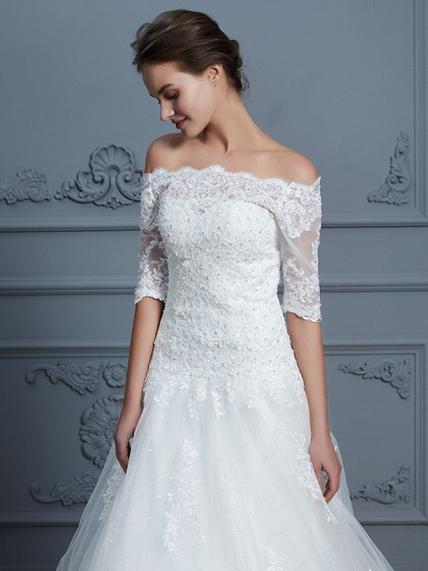 Wholesa Ball Gown Off-the-Shoulder 1/2 Sleeves Beading Court Train Lace Wedding Dresses