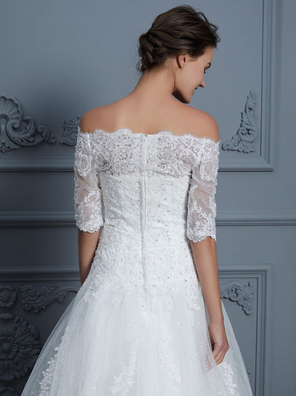 Wholesa Ball Gown Off-the-Shoulder 1/2 Sleeves Beading Court Train Lace Wedding Dresses