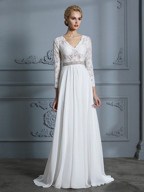 Wholesa A-Line/Princess 3/4 Sleeves V-neck Lace Sweep/Brush Train Chiffon Wedding Dresses