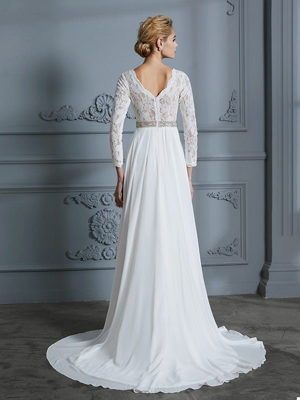 Wholesa A-Line/Princess 3/4 Sleeves V-neck Lace Sweep/Brush Train Chiffon Wedding Dresses