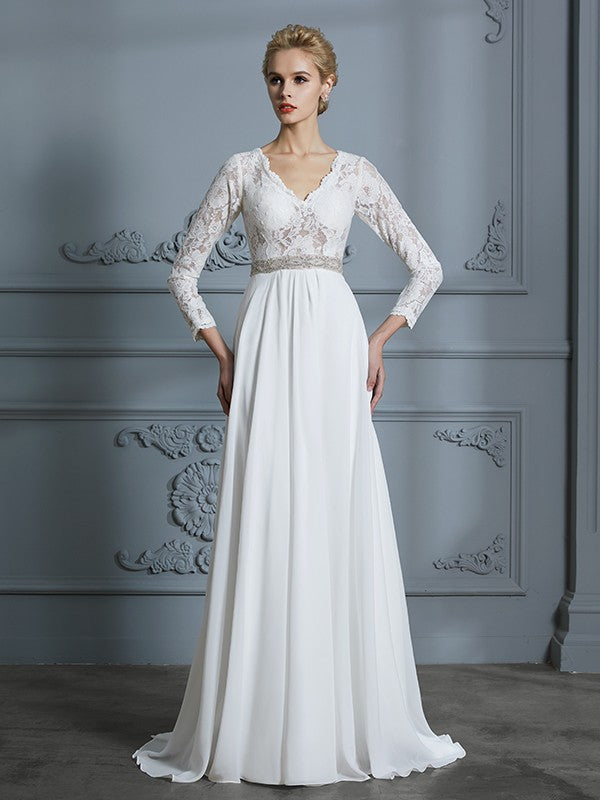 Wholesa A-Line/Princess 3/4 Sleeves V-neck Lace Sweep/Brush Train Chiffon Wedding Dresses