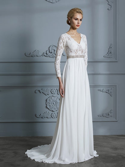 Wholesa A-Line/Princess 3/4 Sleeves V-neck Lace Sweep/Brush Train Chiffon Wedding Dresses