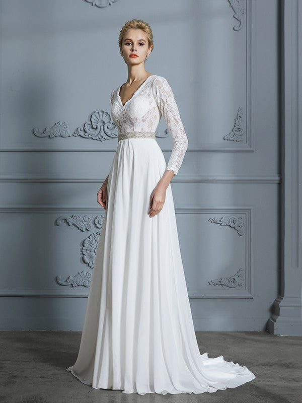 Wholesa A-Line/Princess 3/4 Sleeves V-neck Lace Sweep/Brush Train Chiffon Wedding Dresses