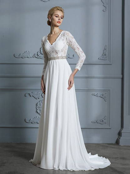 Wholesa A-Line/Princess 3/4 Sleeves V-neck Lace Sweep/Brush Train Chiffon Wedding Dresses