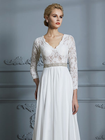 Wholesa A-Line/Princess 3/4 Sleeves V-neck Lace Sweep/Brush Train Chiffon Wedding Dresses