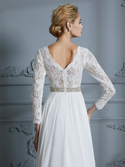 Wholesa A-Line/Princess 3/4 Sleeves V-neck Lace Sweep/Brush Train Chiffon Wedding Dresses