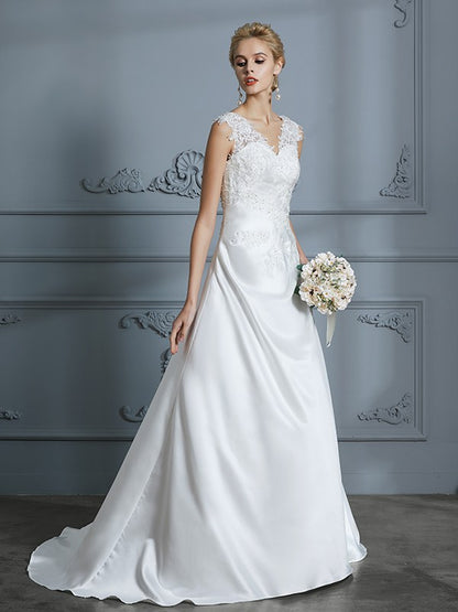 Wholesa A-Line/Princess V-neck Sweep/Brush Train Sleeveless Applique Satin Wedding Dresses