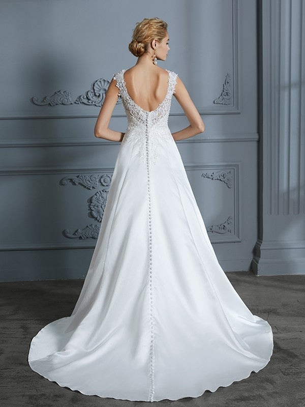 Wholesa A-Line/Princess V-neck Sweep/Brush Train Sleeveless Applique Satin Wedding Dresses