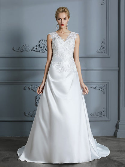 Wholesa A-Line/Princess V-neck Sweep/Brush Train Sleeveless Applique Satin Wedding Dresses