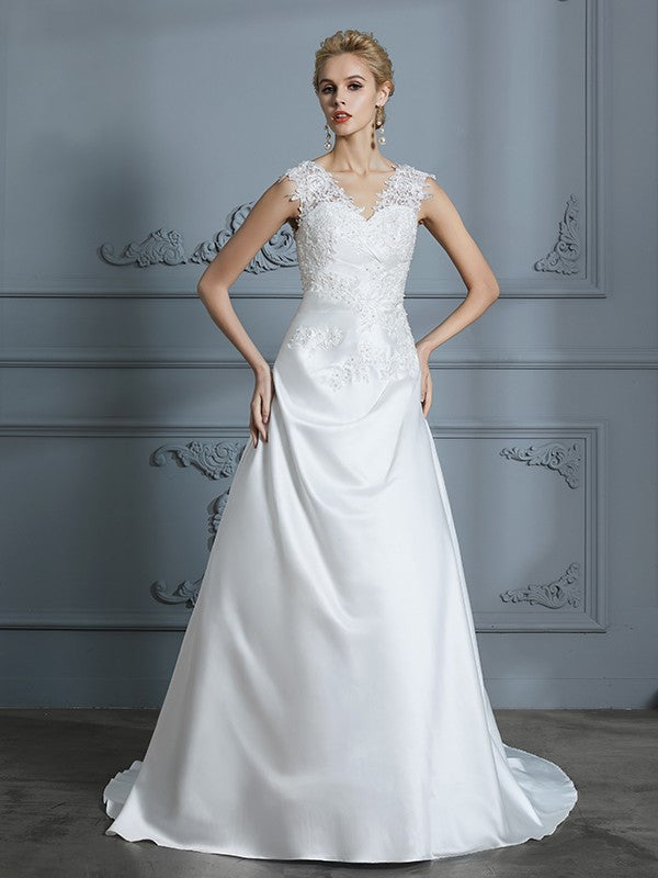 Wholesa A-Line/Princess V-neck Sweep/Brush Train Sleeveless Applique Satin Wedding Dresses