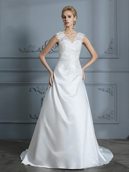 Wholesa A-Line/Princess V-neck Sweep/Brush Train Sleeveless Applique Satin Wedding Dresses