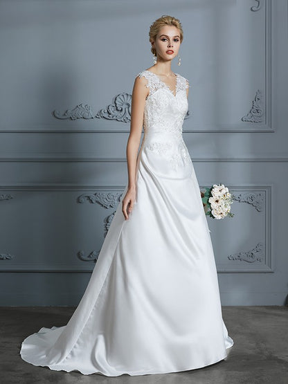 Wholesa A-Line/Princess V-neck Sweep/Brush Train Sleeveless Applique Satin Wedding Dresses