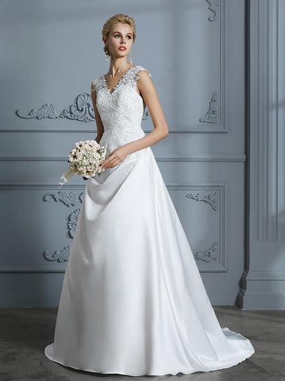 Wholesa A-Line/Princess V-neck Sweep/Brush Train Sleeveless Applique Satin Wedding Dresses