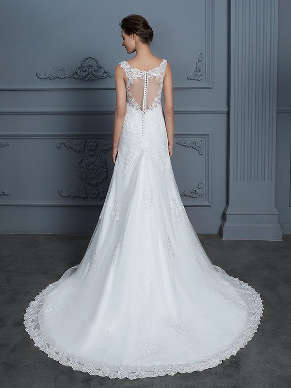 Wholesa Trumpet/Mermaid V-neck Sleeveless Lace Court Train Tulle Wedding Dresses