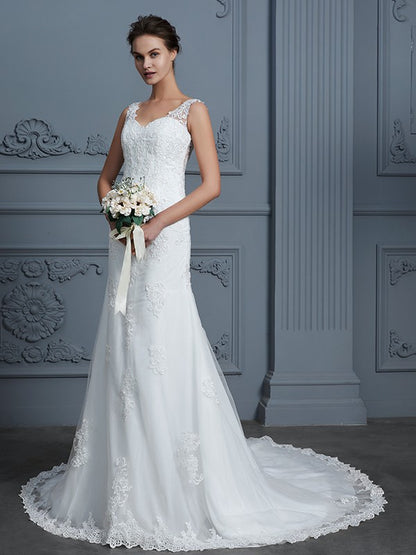 Wholesa Trumpet/Mermaid V-neck Sleeveless Lace Court Train Tulle Wedding Dresses