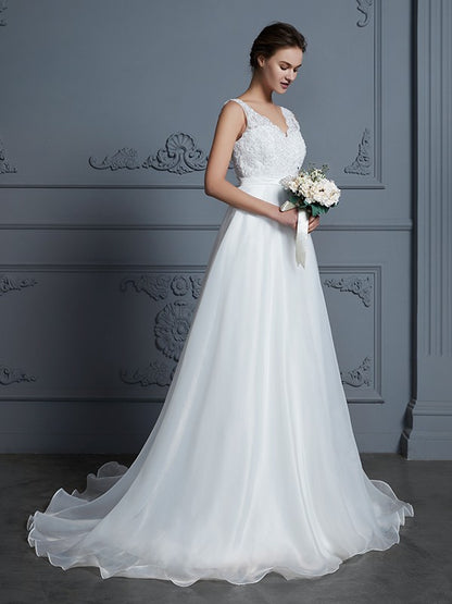 Wholesa A-Line/Princess V-neck Sleeveless Floor-Length Organza Wedding Dresses