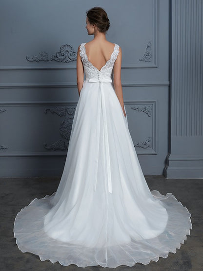 Wholesa A-Line/Princess V-neck Sleeveless Floor-Length Organza Wedding Dresses