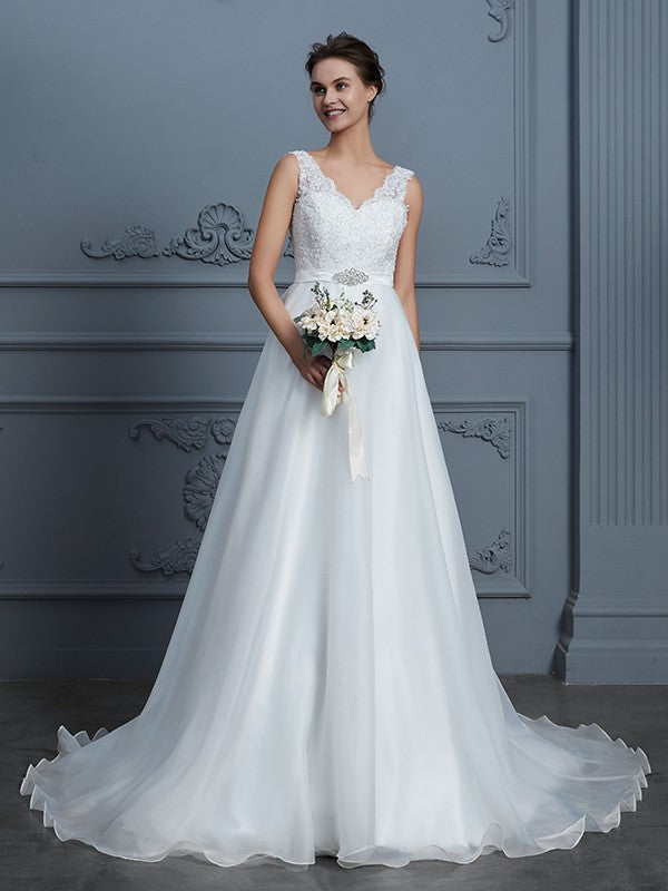 Wholesa A-Line/Princess V-neck Sleeveless Floor-Length Organza Wedding Dresses