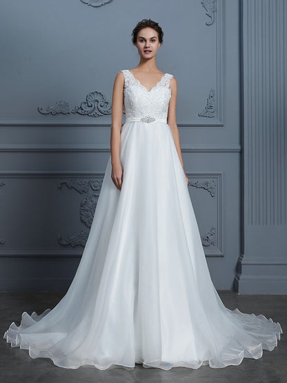 Wholesa A-Line/Princess V-neck Sleeveless Floor-Length Organza Wedding Dresses