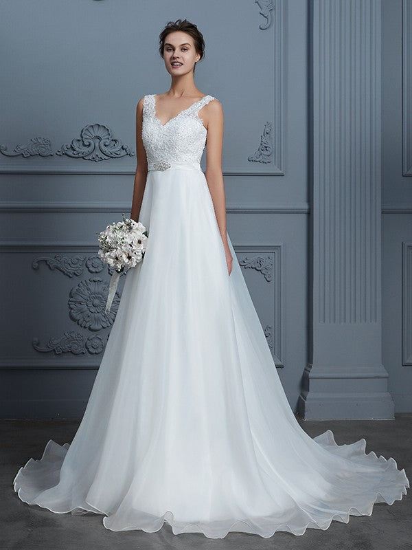 Wholesa A-Line/Princess V-neck Sleeveless Floor-Length Organza Wedding Dresses