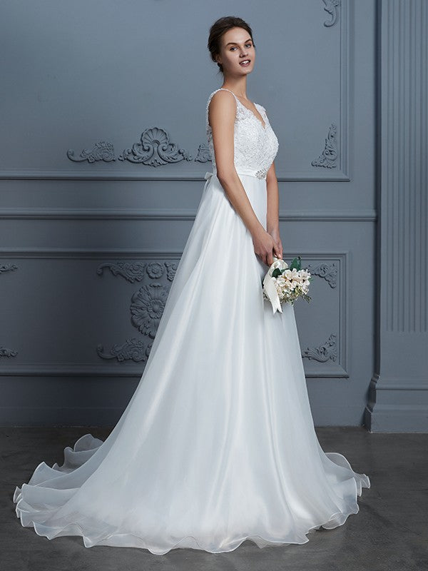 Wholesa A-Line/Princess V-neck Sleeveless Floor-Length Organza Wedding Dresses