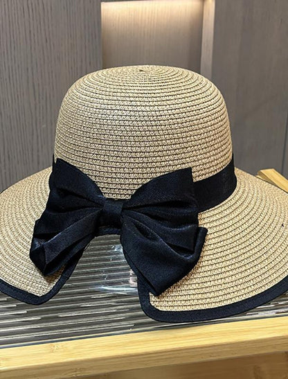 Wholesale Fascinators Hats Straw Bucket Hat Straw Hat Sun Hat Holiday Beach Elegant Vintage With Bowknot Pure Color Headpiece Headwear