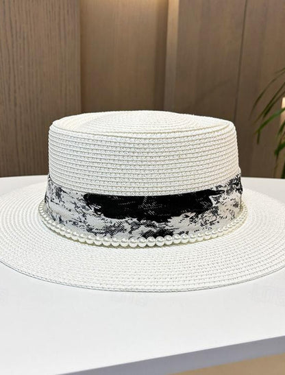 Wholesale Fascinators Hats Cotton Straw Straw Hat Sun Hat Holiday Beach Elegant Simple With Faux Pearl Ribbons Headpiece Headwear