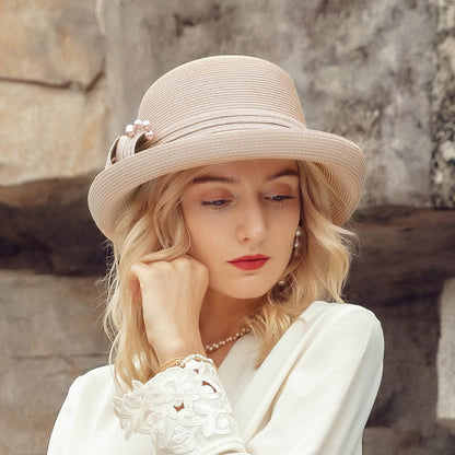 Wholesale Hats Fiber Hat Floppy Hat Casual Beach Elegant Wedding With Faux Pearl Splicing Headpiece Headwear