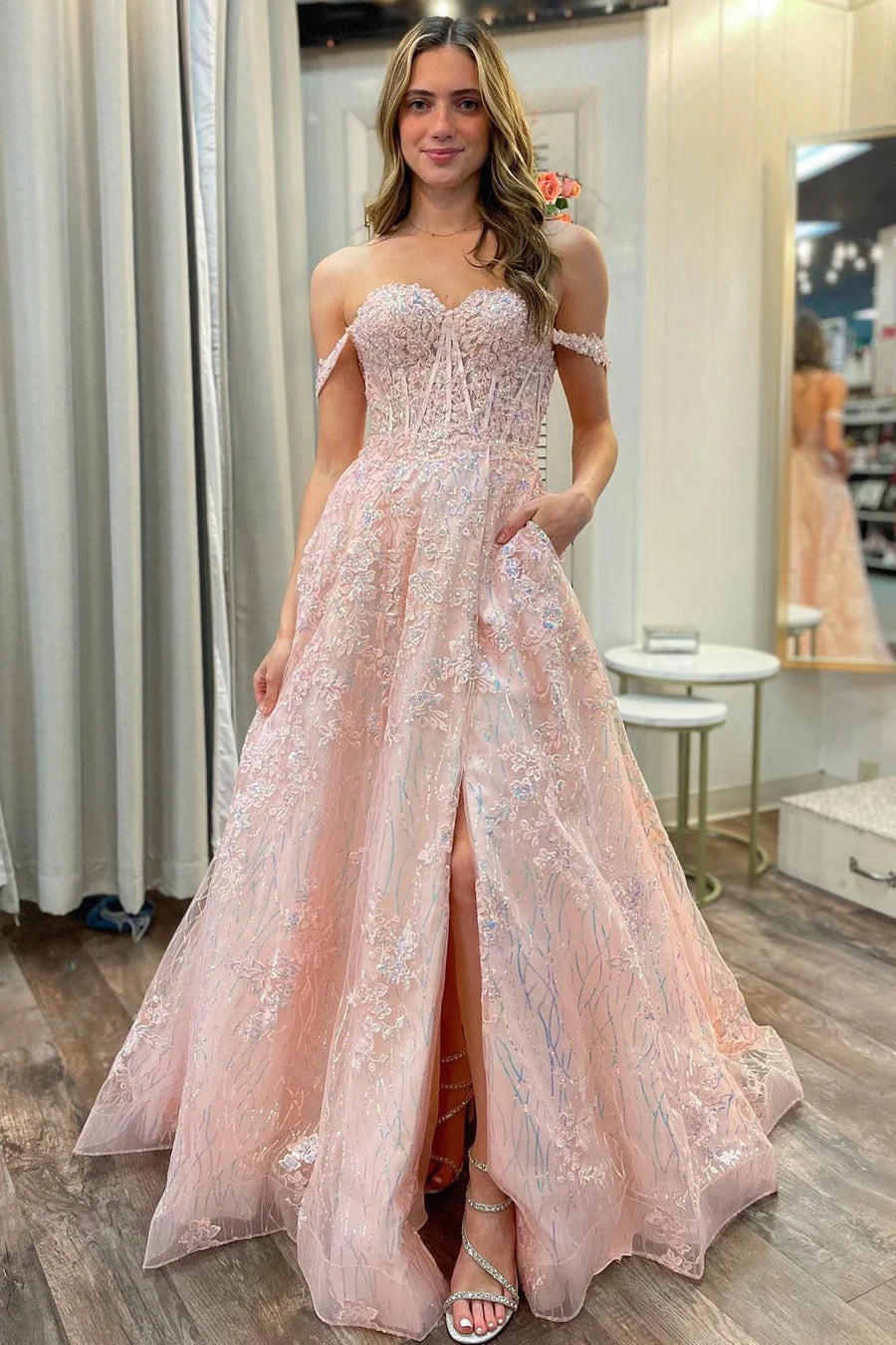 Wholesa Pink Appliques Off-the-Shoulder A-Line Long Prom Dress