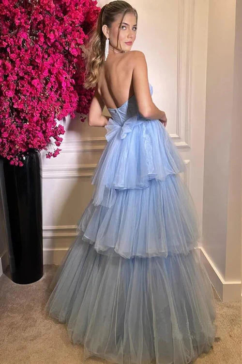 Wholesale Elegant A-line Evening Dress Tiered Ruffled Long Tulle Prom Dress