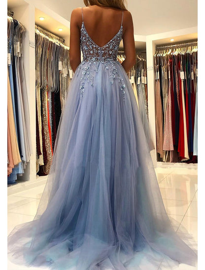 Wholesale A-Line Prom Dresses Evening Gowns Dress Formal Wear Dresses Wedding Guest Court Train Sleeveless V Neck Tulle with Beading