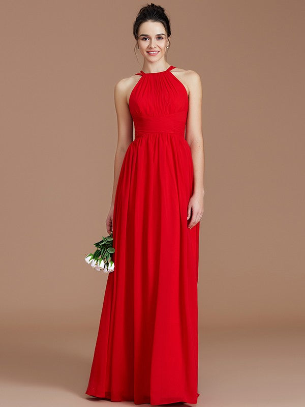 Wholesa A-Line/Princess Halter Sleeveless Ruched Floor-Length Chiffon Bridesmaid Dresses