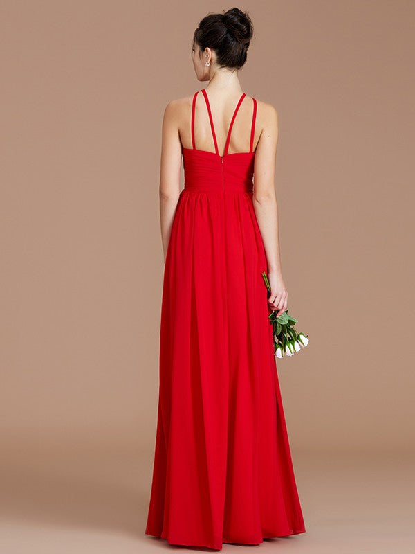 Wholesa A-Line/Princess Halter Sleeveless Ruched Floor-Length Chiffon Bridesmaid Dresses